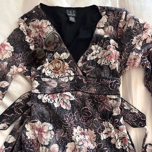 Ribbon Tie-Up Blouse with Pink and Black Floral